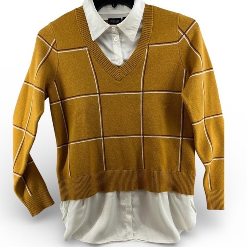 Jones & Co Layered V-Neck Sweater Women Med Mustard Yellow Excellent Windowpane - Picture 2 of 6